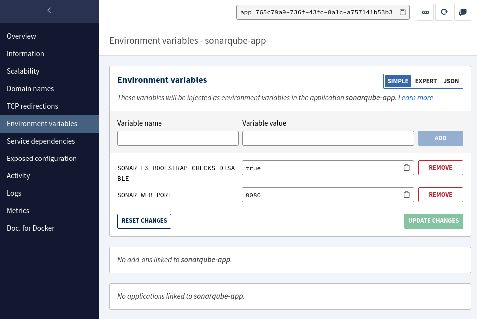 Les variables d'environnement configurées sur la console _Clever Cloud_